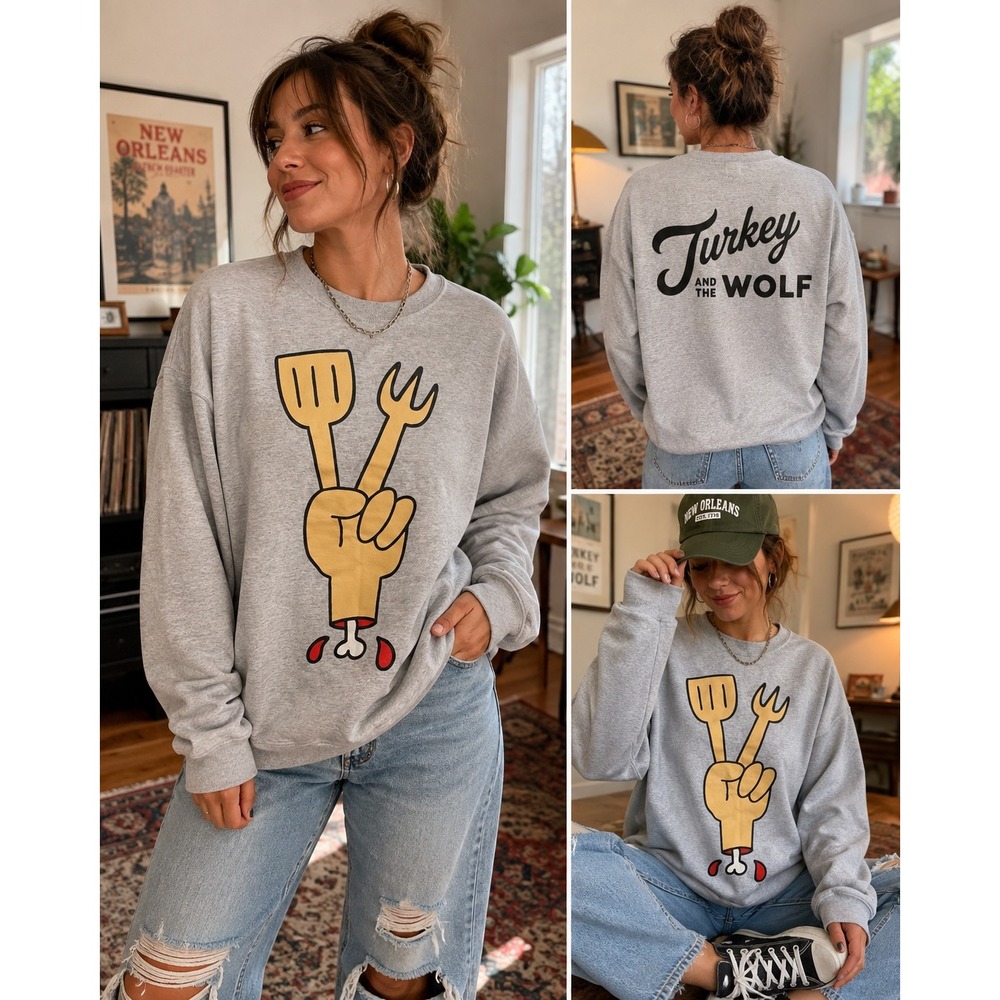 Turkey and the Wolf Sweatshirt SM Gray New Orleans Restaurant Graphic Crewneck